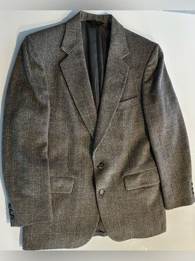 Strathmore Blazer Mens Gray Windowpane Plaid Wool Jacket Sport Coat Preppy Vtg